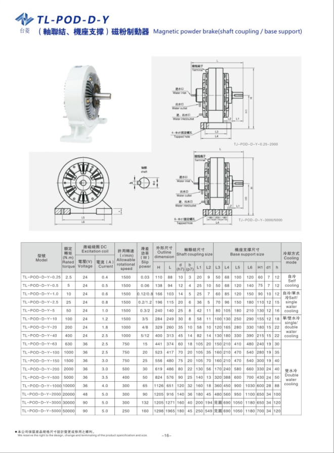 水冷磁粉制動器TL-POD-D-Y規格型號尺寸參數表