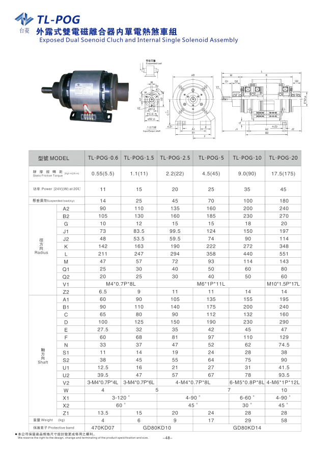 外露式雙電磁離合器單剎車組規格型號尺寸參數表